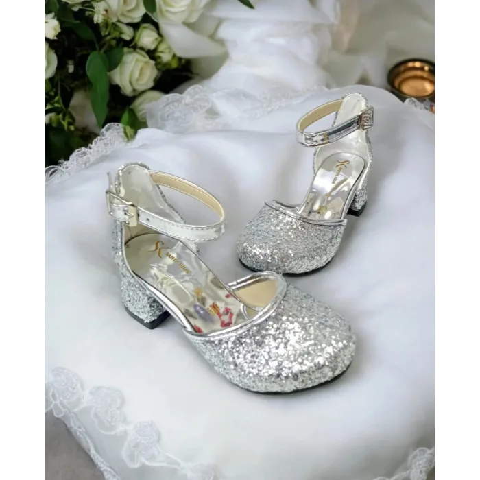 Kız Çocuk Gümüş Taşlı Renk Topuklu Ayakkabı