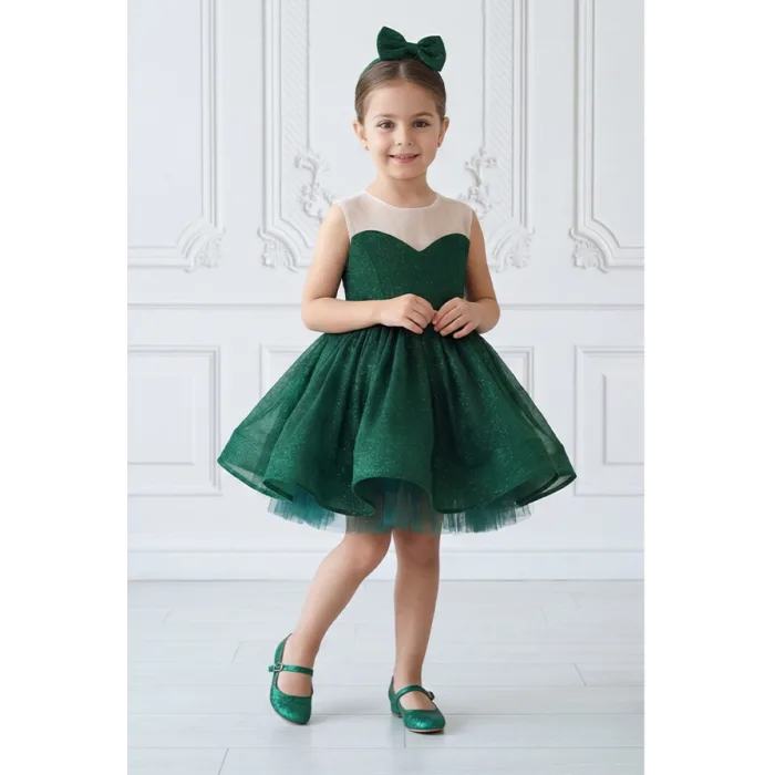 Kız Çocuk Zümrüt Yeşili Parıltılı Kalp Detaylı Şeffaf Sıfır Kol Kabarık Abiye Elbise