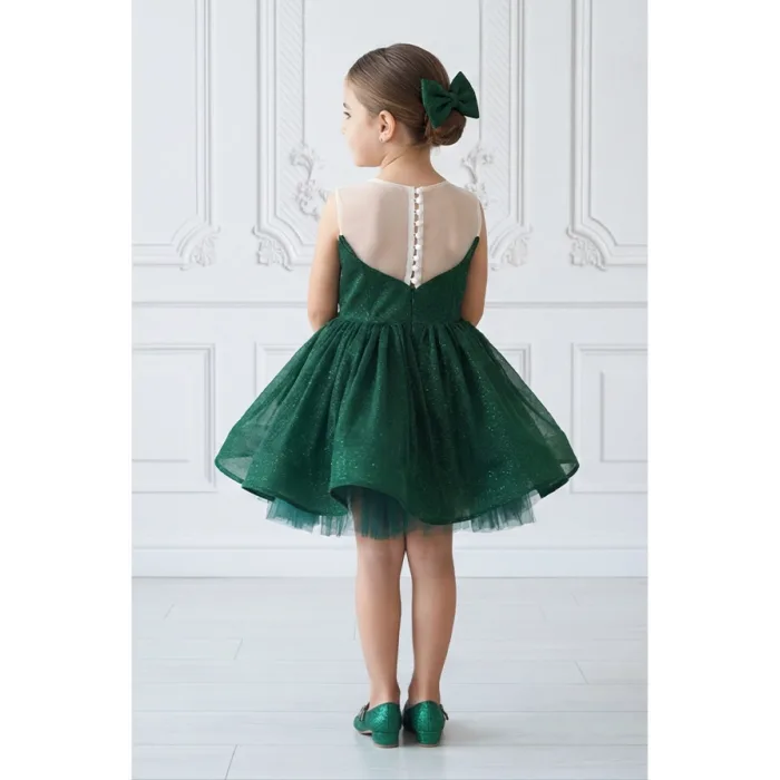 Kız Çocuk Zümrüt Yeşili Parıltılı Kalp Detaylı Şeffaf Sıfır Kol Kabarık Abiye Elbise