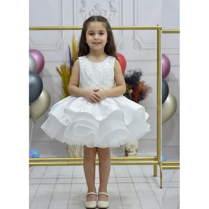 Kız Çocuk Beyaz Saten Gren Kabarık Elbise