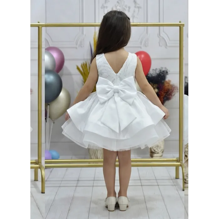 Kız Çocuk Beyaz Saten Gren Kabarık Elbise