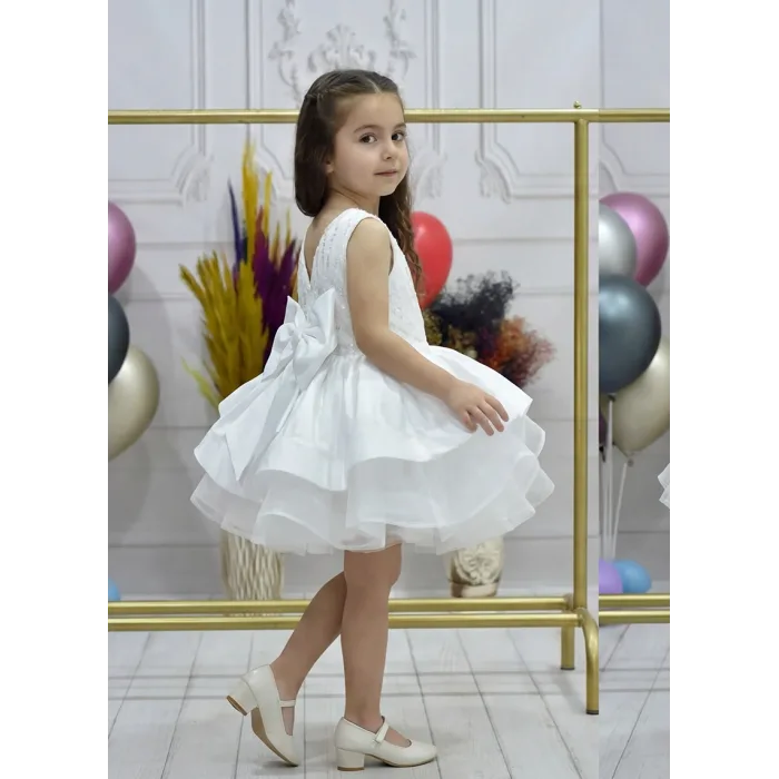 Kız Çocuk Beyaz Saten Gren Kabarık Elbise