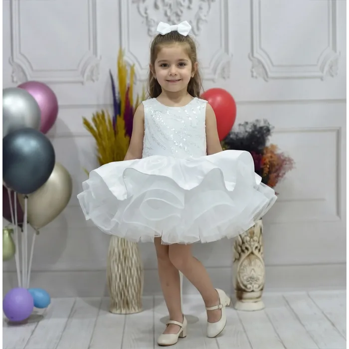 Kız Çocuk Beyaz Saten Gren Kabarık Elbise