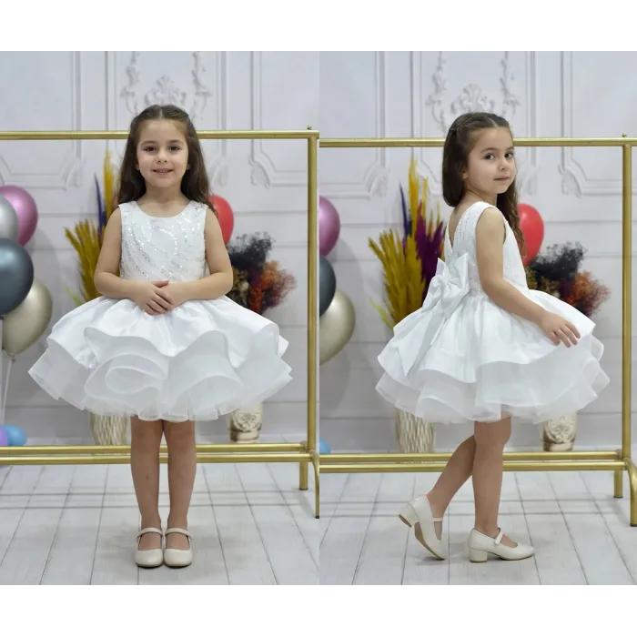 Kız Çocuk Beyaz Saten Gren Kabarık Elbise