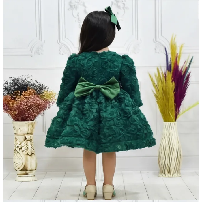 Kız Çocuk Zümrüt Yeşili Gül Detaylı Kabarık Elbise