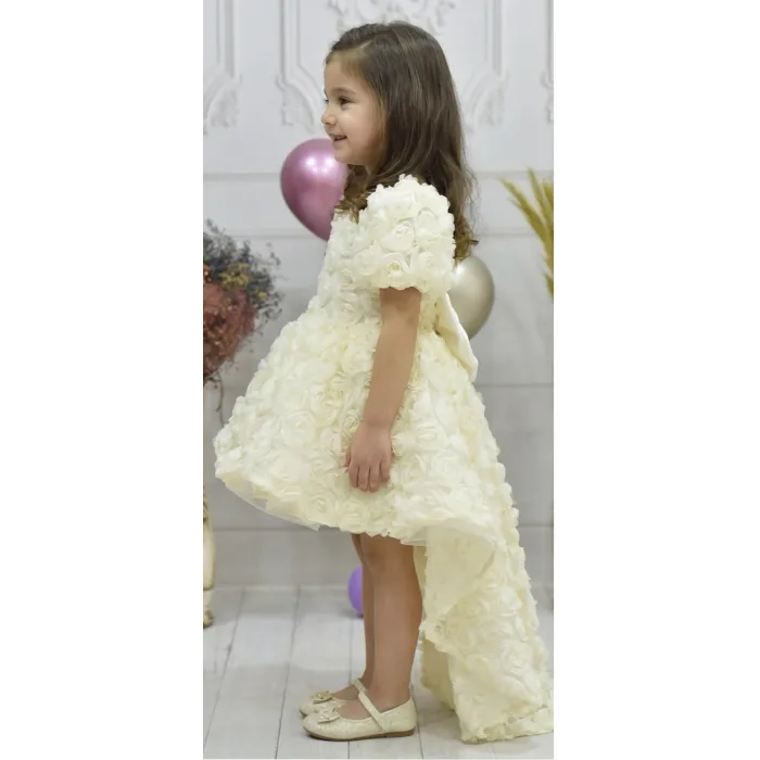 Kız Çocuk Krem Kuyruklu Şeffaf Gül Desenli Kısa Balon Kol Elbise Abiye