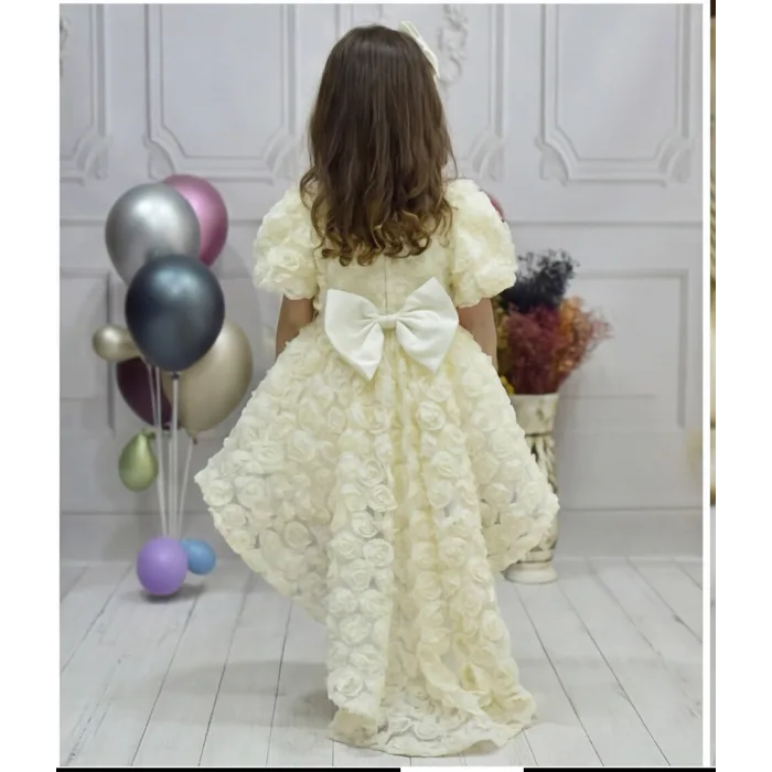 Kız Çocuk Krem Kuyruklu Şeffaf Gül Desenli Kısa Balon Kol Elbise Abiye