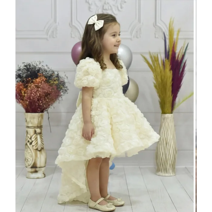 Kız Çocuk Krem Kuyruklu Şeffaf Gül Desenli Kısa Balon Kol Elbise Abiye