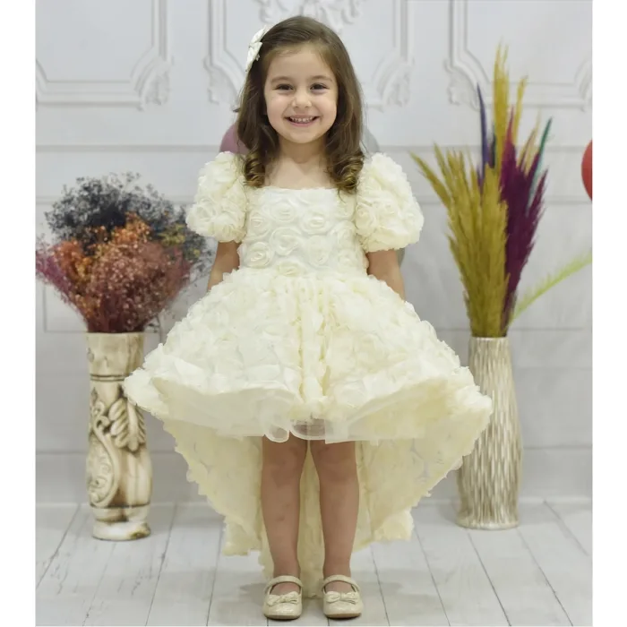Kız Çocuk Krem Kuyruklu Şeffaf Gül Desenli Kısa Balon Kol Elbise Abiye