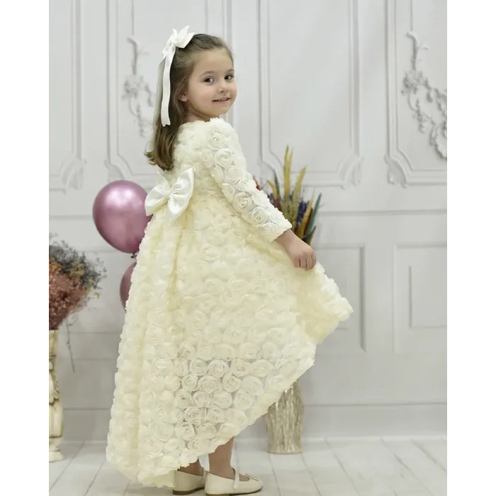 Kız Çocuk Krem Gül Desenli Kuyruklu Uzun Kol Elbise Abiye