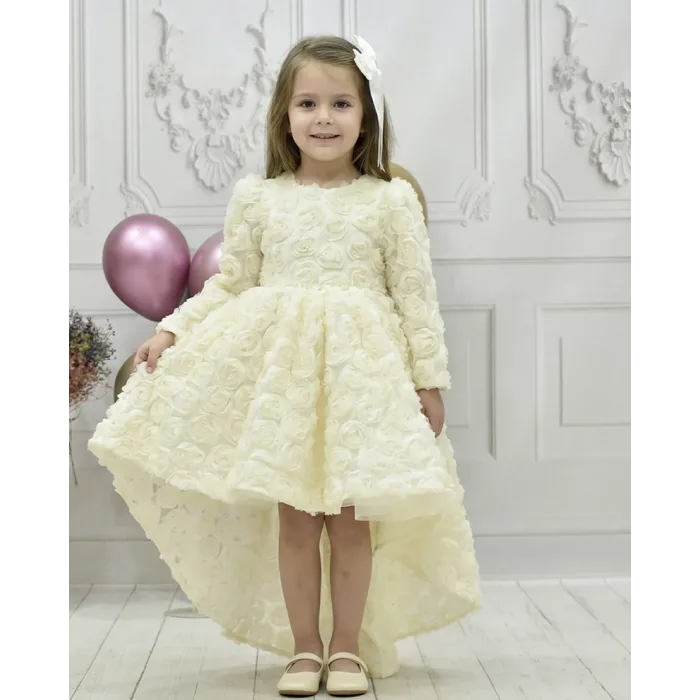 Kız Çocuk Krem Gül Desenli Kuyruklu Uzun Kol Elbise Abiye