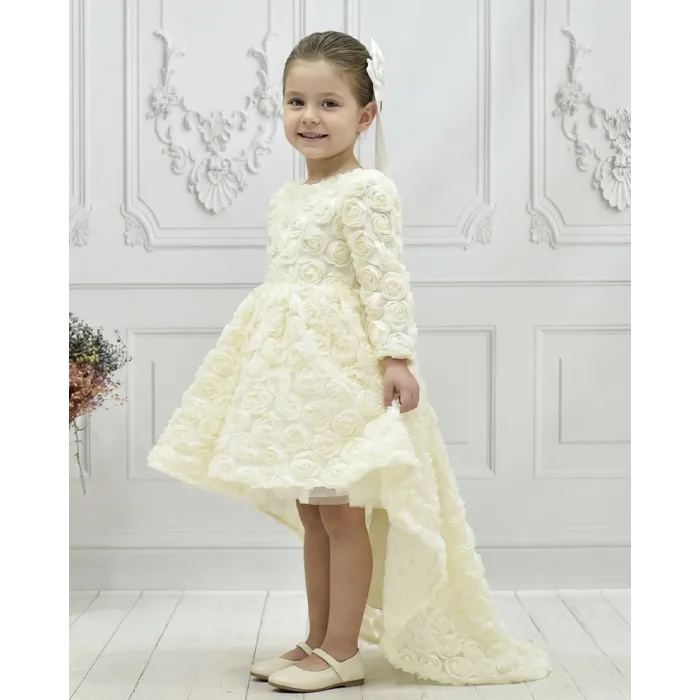 Kız Çocuk Krem Gül Desenli Kuyruklu Uzun Kol Elbise Abiye