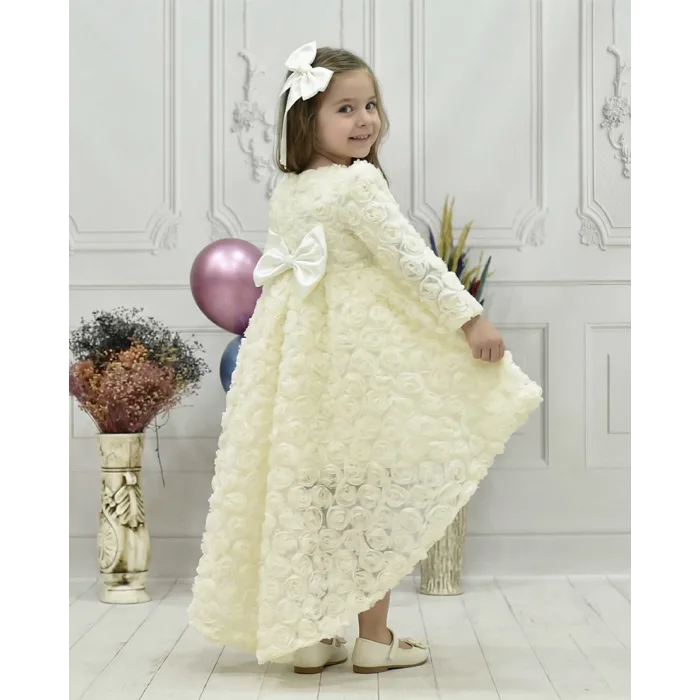 Kız Çocuk Krem Gül Desenli Kuyruklu Uzun Kol Elbise Abiye