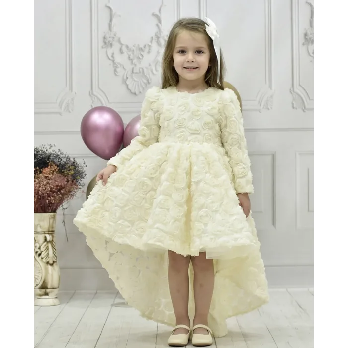 Kız Çocuk Krem Gül Desenli Kuyruklu Uzun Kol Elbise Abiye