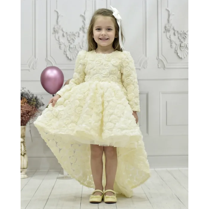 Kız Çocuk Krem Gül Desenli Kuyruklu Uzun Kol Elbise Abiye