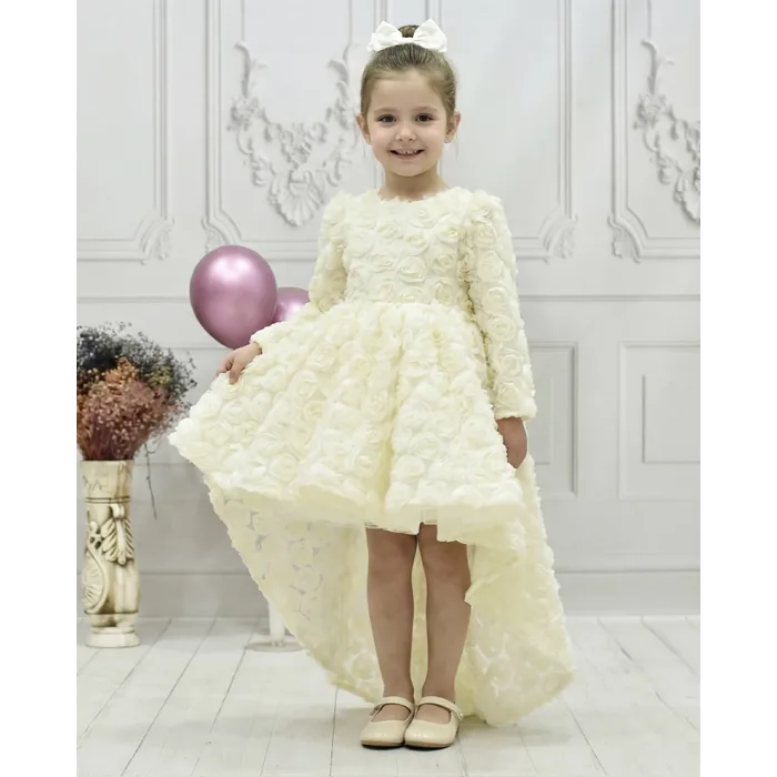 Kız Çocuk Krem Gül Desenli Kuyruklu Uzun Kol Elbise Abiye