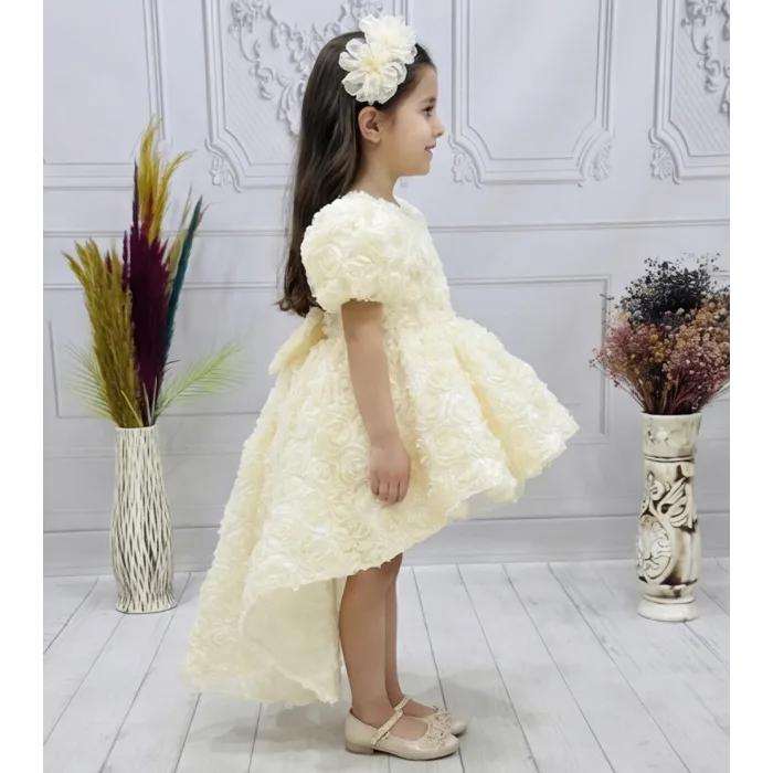Kız Çocuk Krem Kuyruklu Gül Desenli Kapalı Yaaka Kısa Kol Elbise Abiye Elbise Gelinlik