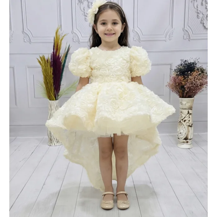 Kız Çocuk Krem Kuyruklu Gül Desenli Kapalı Yaaka Kısa Kol Elbise Abiye Elbise Gelinlik