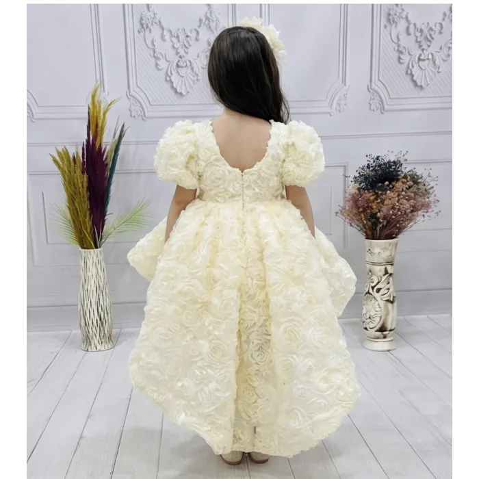 Kız Çocuk Krem Kuyruklu Gül Desenli Kapalı Yaaka Kısa Kol Elbise Abiye Elbise Gelinlik