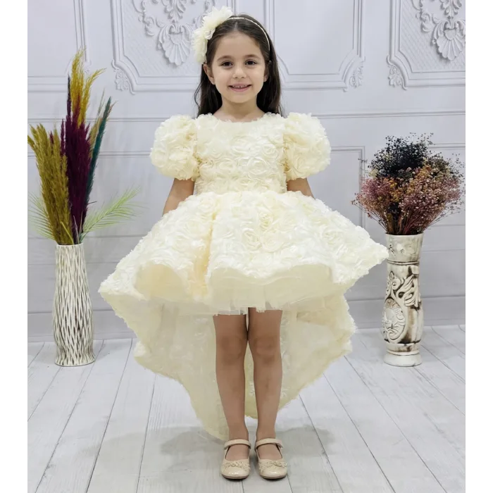Kız Çocuk Krem Kuyruklu Gül Desenli Kapalı Yaaka Kısa Kol Elbise Abiye Elbise Gelinlik