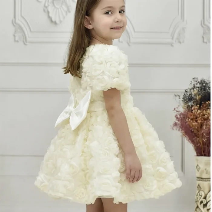 Kız Çocuk Krem Gül 3D Desenli Kısa Balon Kol Kabarık Elbise