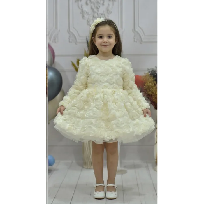 Kız Çocuk Krem Gül Desenli Kabarık Elbise