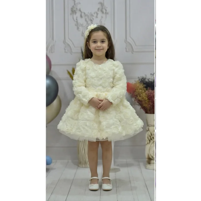 Kız Çocuk Krem Gül Desenli Kabarık Elbise