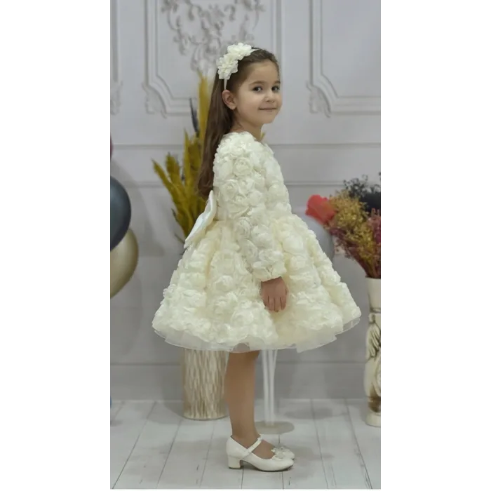 Kız Çocuk Krem Gül Desenli Kabarık Elbise