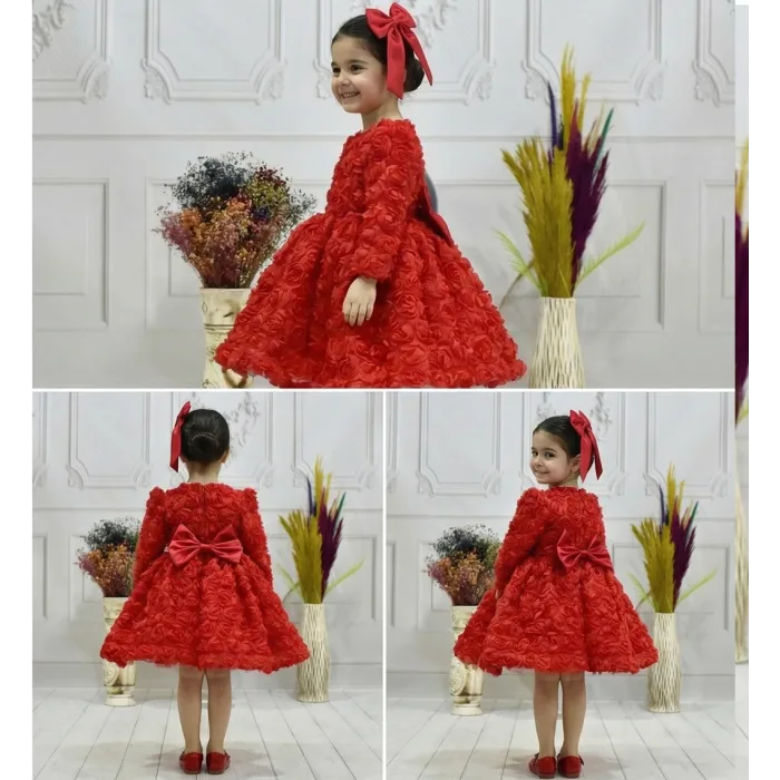 Kız Çocuk Kırmızı Gül Desenli Uzun Balon Kol Kabarık Elbise
