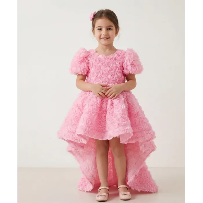 Kız Çocuk Pembe Arkası V Yaka Gül Desenli Kısa Balon Kol Elbise Abiye