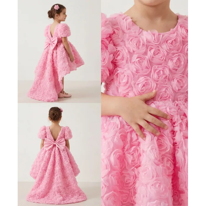 Kız Çocuk Pembe Arkası V Yaka Gül Desenli Kısa Balon Kol Elbise Abiye