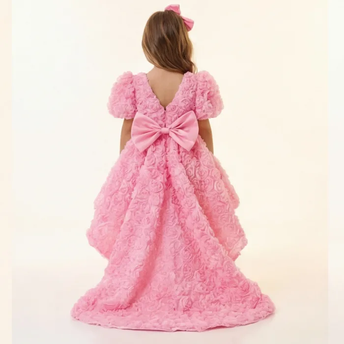 Kız Çocuk Pembe Arkası V Yaka Gül Desenli Kısa Balon Kol Elbise Abiye