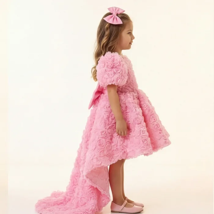 Kız Çocuk Pembe Arkası V Yaka Gül Desenli Kısa Balon Kol Elbise Abiye