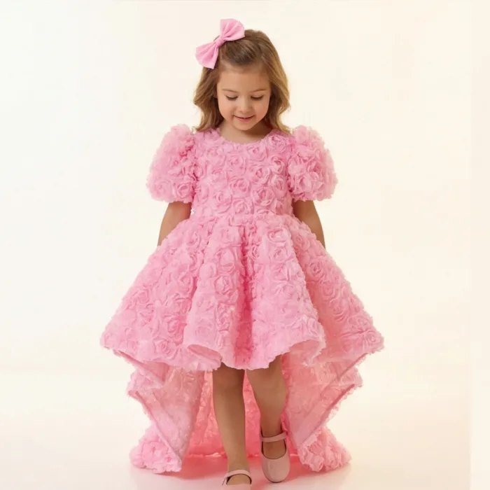 Kız Çocuk Pembe Arkası V Yaka Gül Desenli Kısa Balon Kol Elbise Abiye