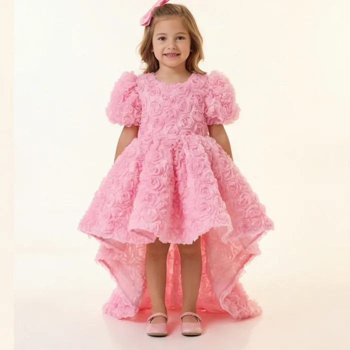 Kız Çocuk Pembe Arkası V Yaka Gül Desenli Kısa Balon Kol Elbise Abiye
