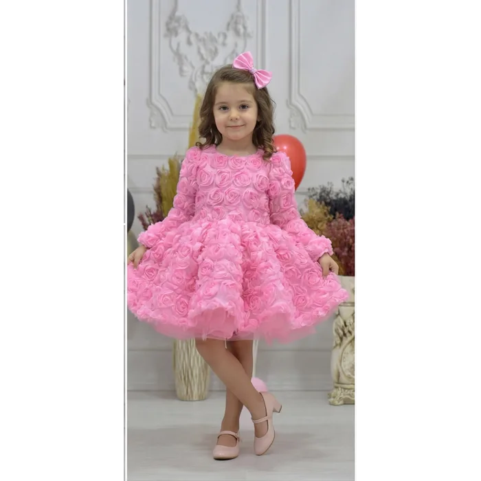 Kız Çocuk Pembe Uzun Kol Güllü Kabarık Elbise Abiye Gelinlik