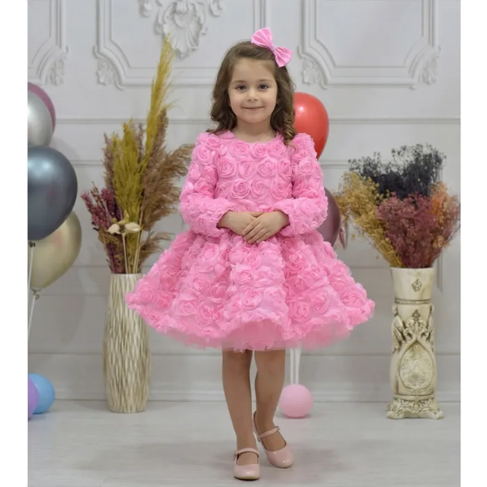 Kız Çocuk Pembe Uzun Kol Güllü Kabarık Elbise Abiye Gelinlik