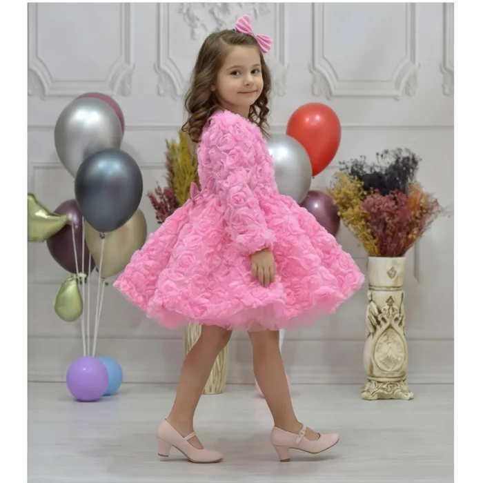 Kız Çocuk Pembe Uzun Kol Güllü Kabarık Elbise Abiye Gelinlik