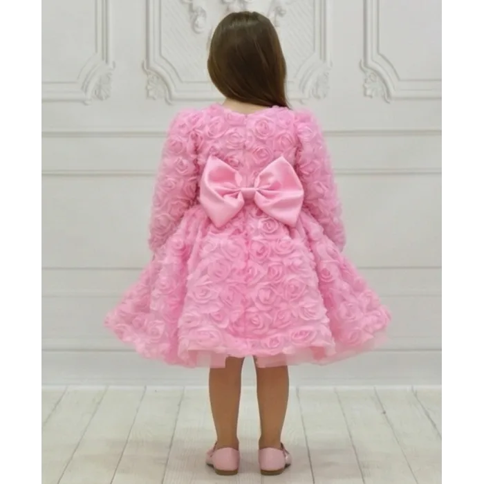 Kız Çocuk Pembe Uzun Kol Güllü Kabarık Elbise Abiye Gelinlik