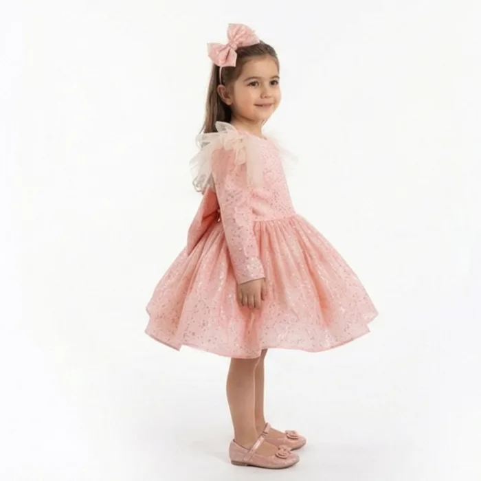 Somon Tütülü Damclacıklı Yavru ağzı Abiye Parıltılı Kabarık Uzun Kol Elbise Gelinlik