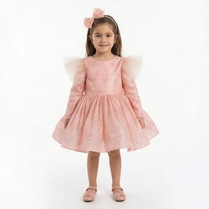 Somon Tütülü Damclacıklı Yavru ağzı Abiye Parıltılı Kabarık Uzun Kol Elbise Gelinlik