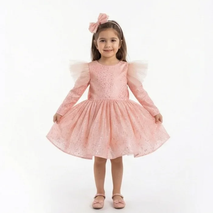 Somon Tütülü Damclacıklı Yavru ağzı Abiye Parıltılı Kabarık Uzun Kol Elbise Gelinlik