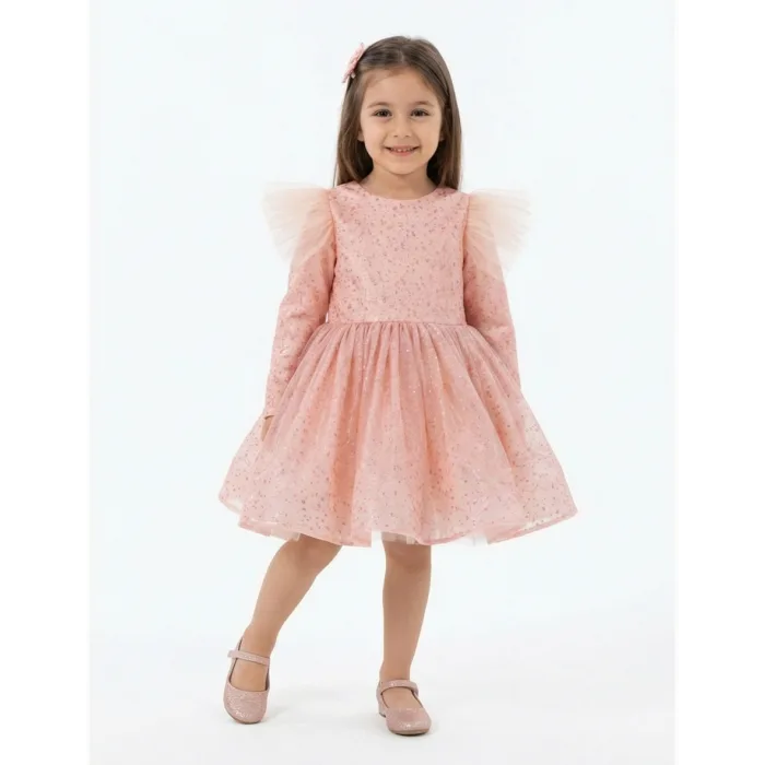 Somon Tütülü Damclacıklı Yavru ağzı Abiye Parıltılı Kabarık Uzun Kol Elbise Gelinlik