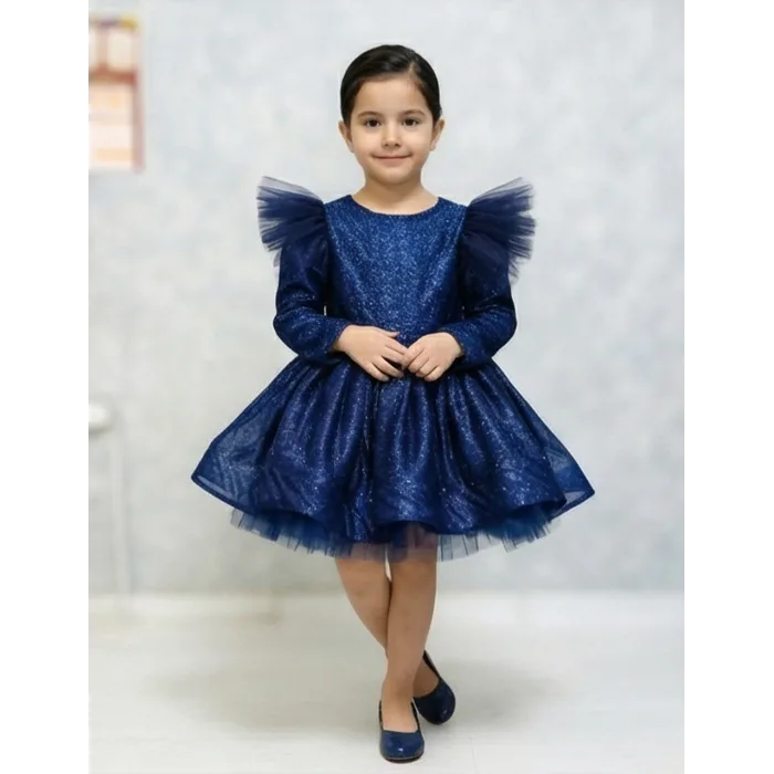 Lacivert Damlacıklı  Simli Uzun Kol parıltılı Kabarık Elbise Gelinlik Abiye