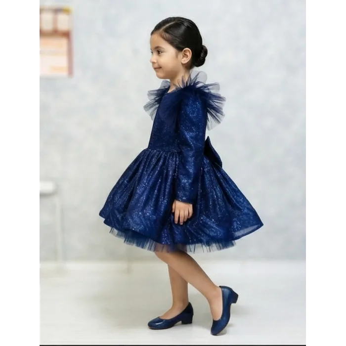 Lacivert Damlacıklı  Simli Uzun Kol parıltılı Kabarık Elbise Gelinlik Abiye