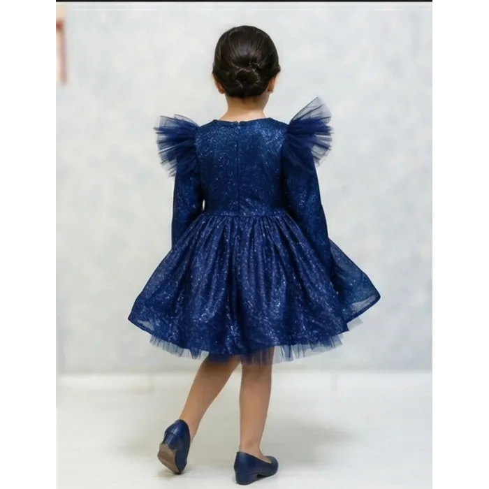 Lacivert Damlacıklı  Simli Uzun Kol parıltılı Kabarık Elbise Gelinlik Abiye