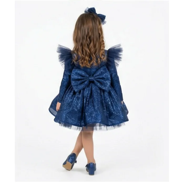 Lacivert Damlacıklı  Simli Uzun Kol parıltılı Kabarık Elbise Gelinlik Abiye