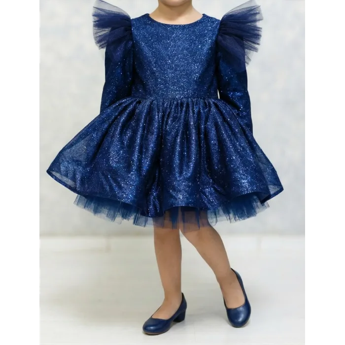 Lacivert Damlacıklı  Simli Uzun Kol parıltılı Kabarık Elbise Gelinlik Abiye