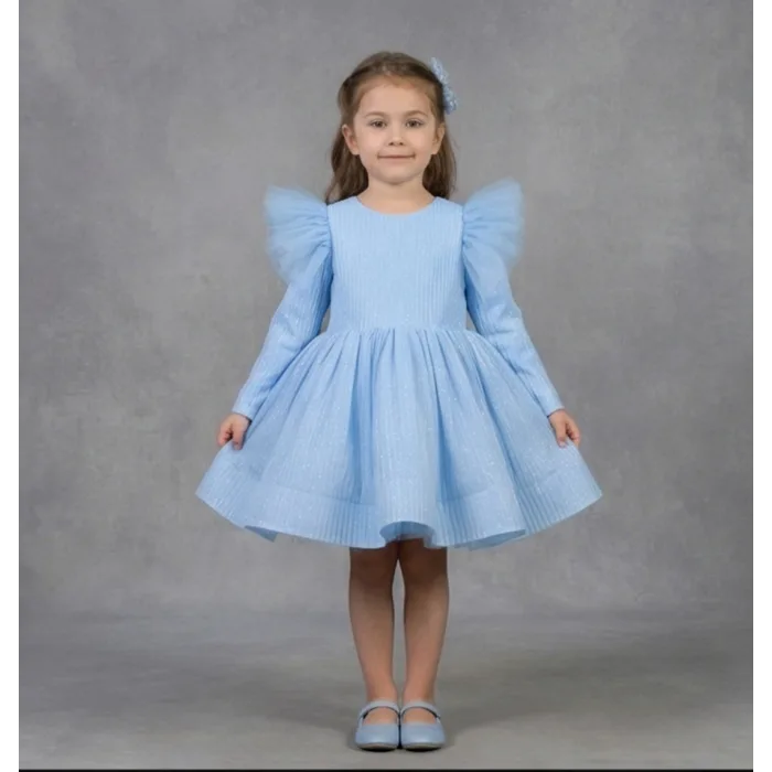 Bebe Mavisi Parıltılı Simli Uzun Kol Kabarık Elbise Abiye Gelinlik