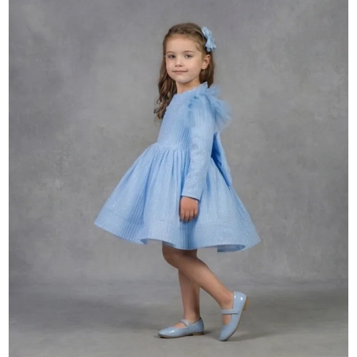 Bebe Mavisi Parıltılı Simli Uzun Kol Kabarık Elbise Abiye Gelinlik